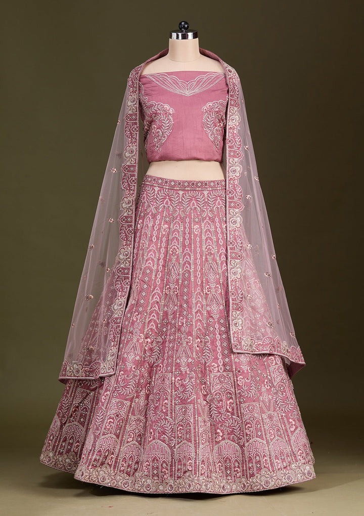 Peach Cording Raw Silk Readymade Lehenga-Koskii