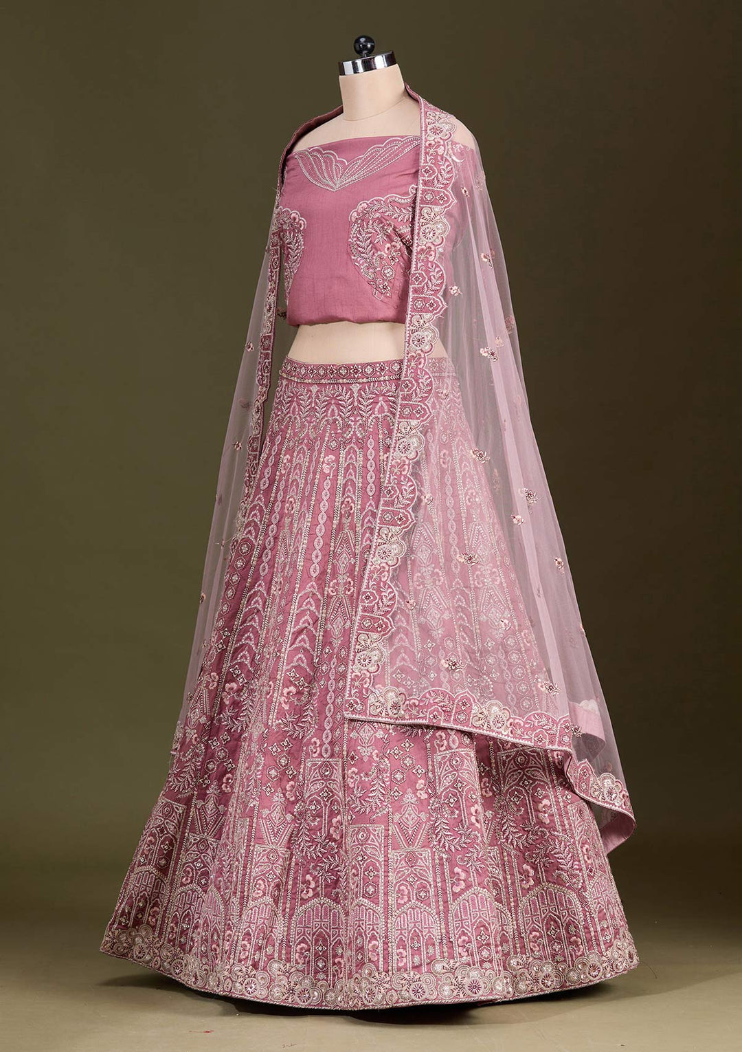 Peach Cording Raw Silk Readymade Lehenga-Koskii