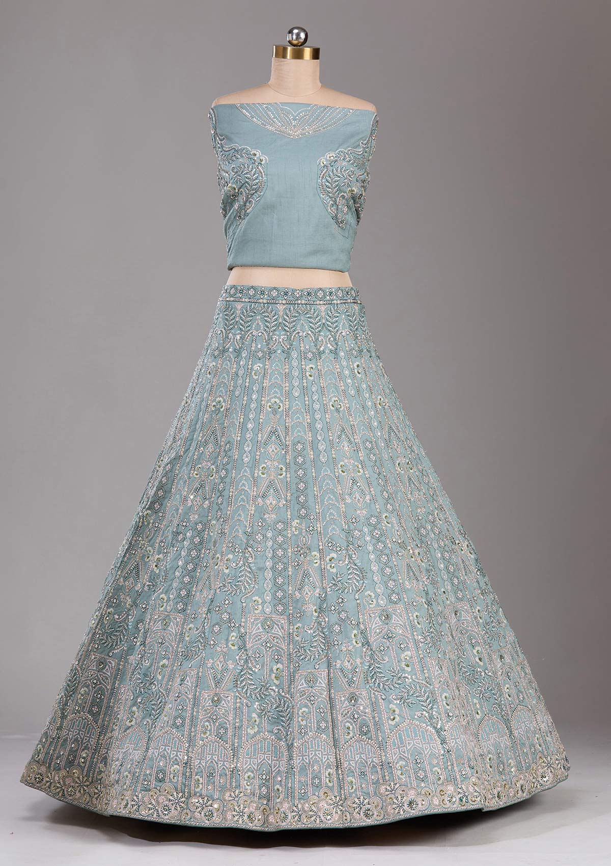 Sea Green Cording Raw Silk Readymade Lehenga-Koskii