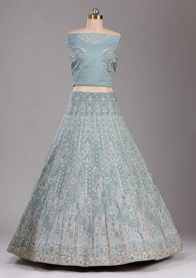 Sea Green Cording Raw Silk Readymade Lehenga-Koskii