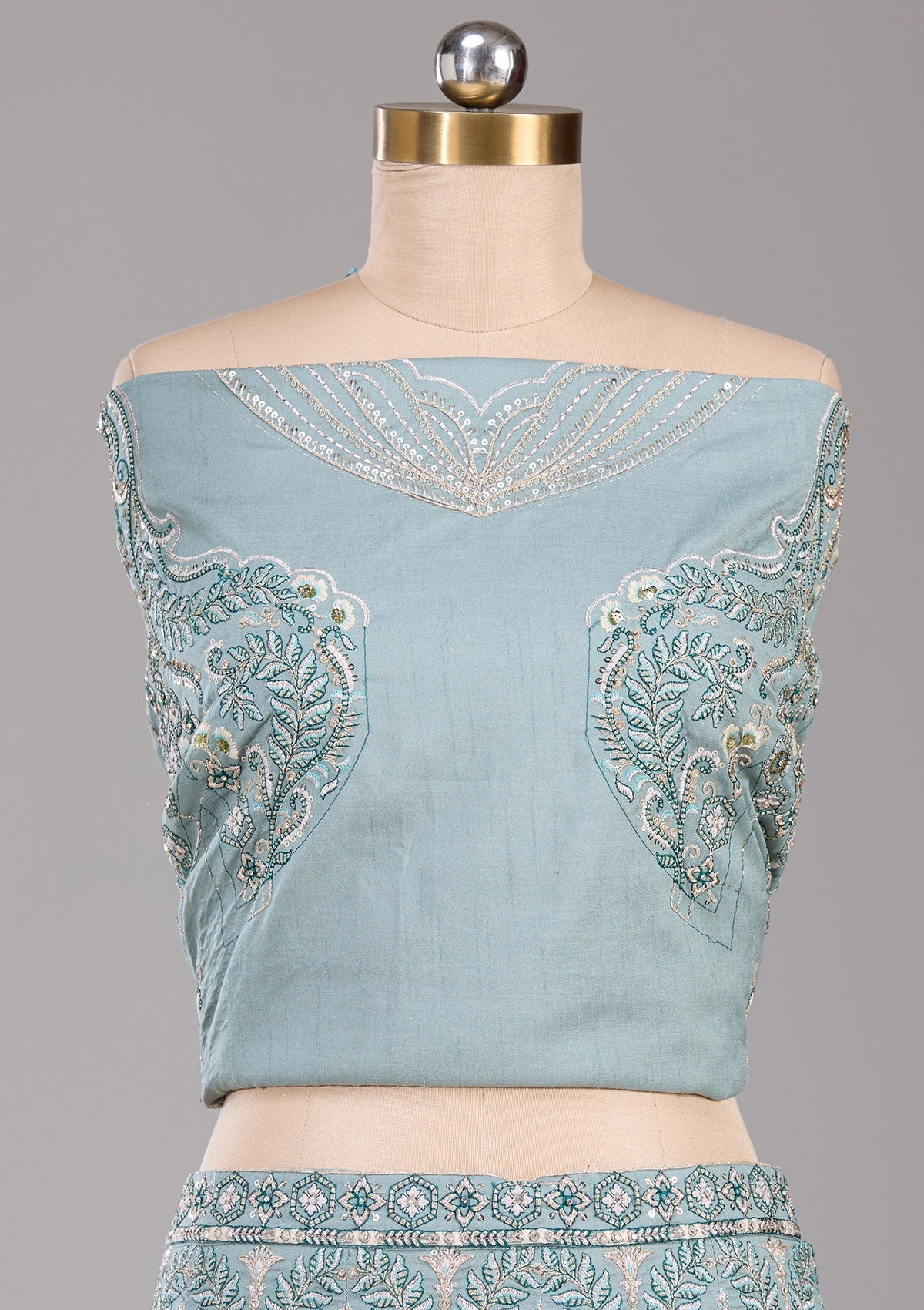 Sea Green Cording Raw Silk Readymade Lehenga-Koskii