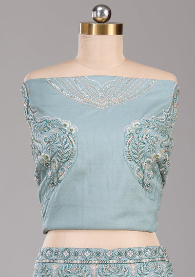 Sea Green Cording Raw Silk Readymade Lehenga-Koskii