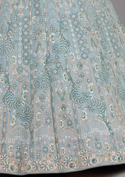 Sea Green Cording Raw Silk Readymade Lehenga-Koskii