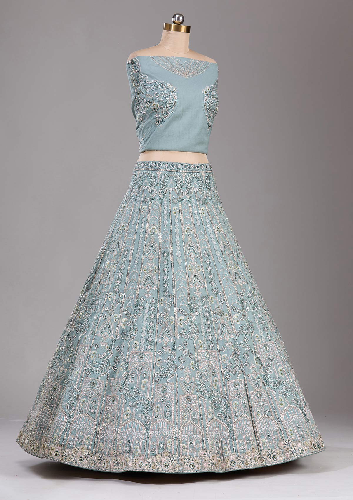 Sea Green Cording Raw Silk Readymade Lehenga-Koskii