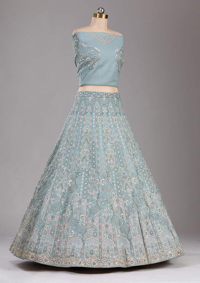 Sea Green Cording Raw Silk Readymade Lehenga-Koskii