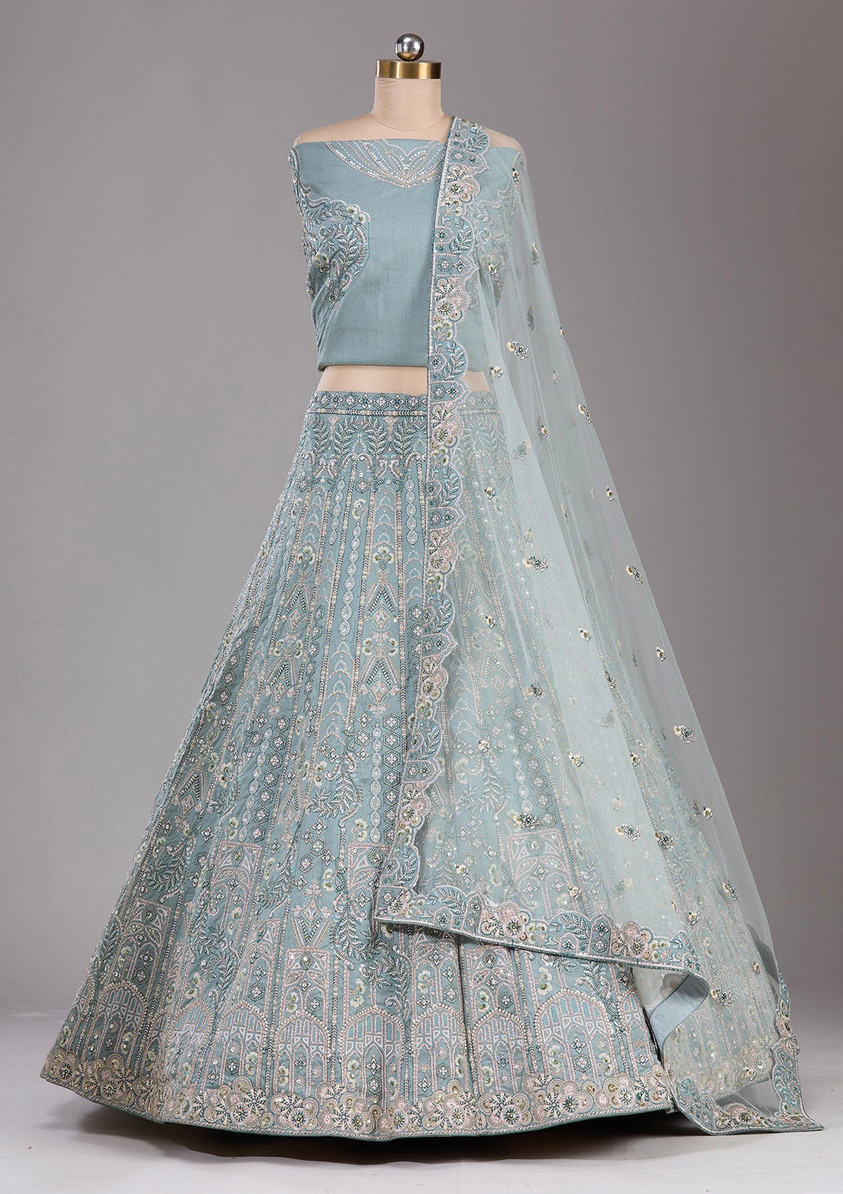 Sea Green Cording Raw Silk Readymade Lehenga-Koskii