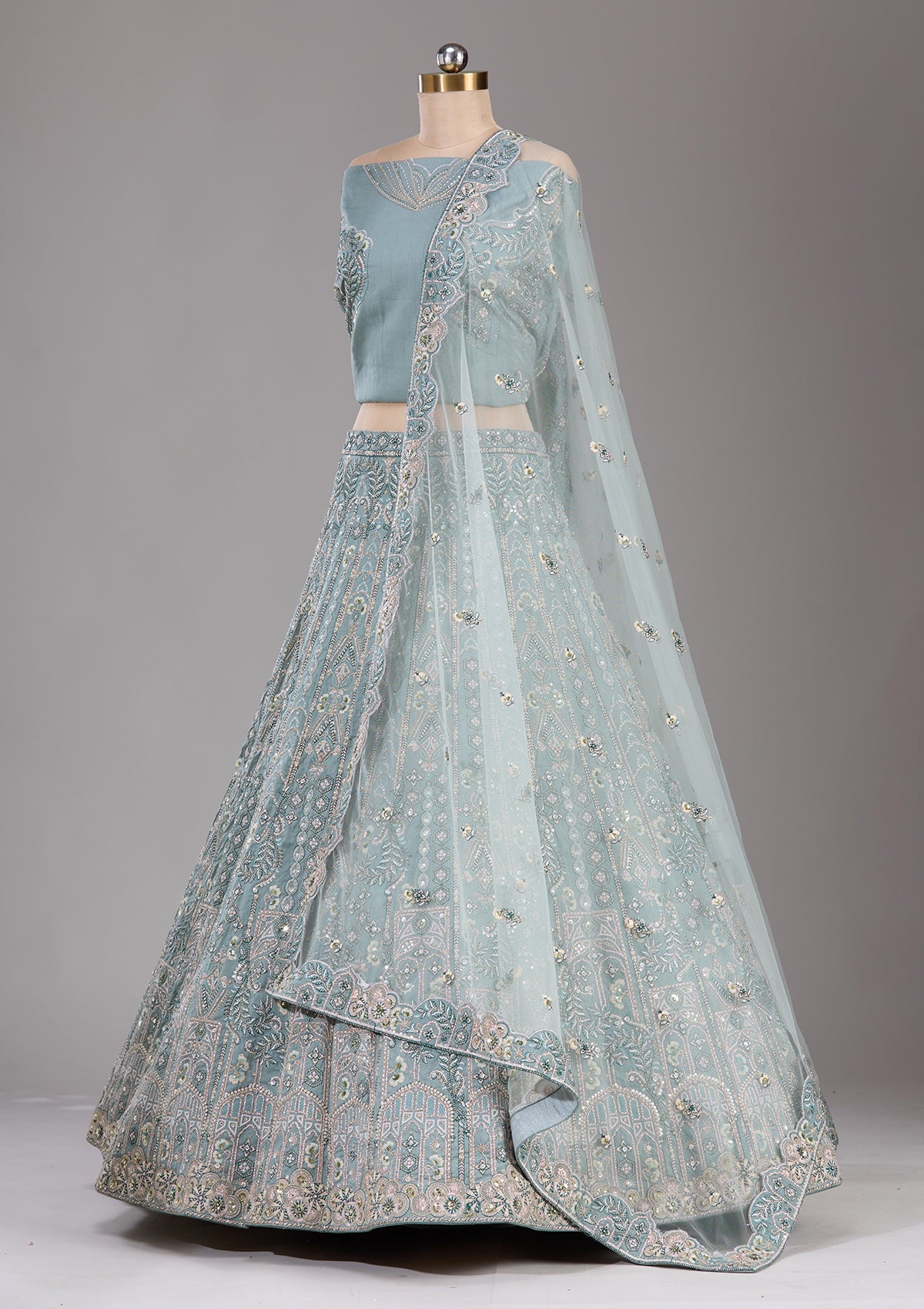 Sea Green Cording Raw Silk Readymade Lehenga-Koskii