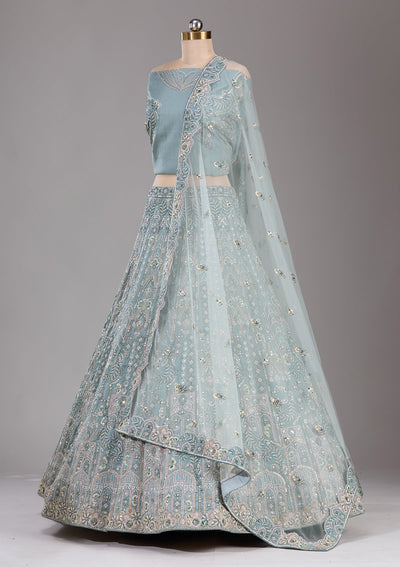 Sea Green Cording Raw Silk Readymade Lehenga-Koskii