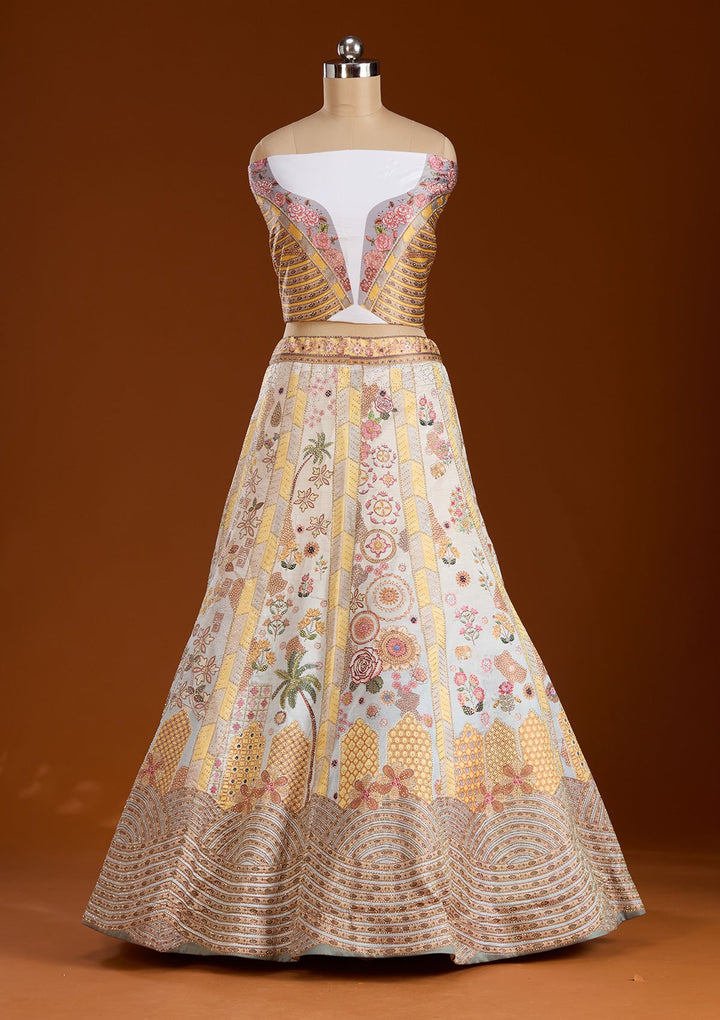 Yellow Stonework Soft Raw Silk Semi-Stitched Lehenga-koskii
