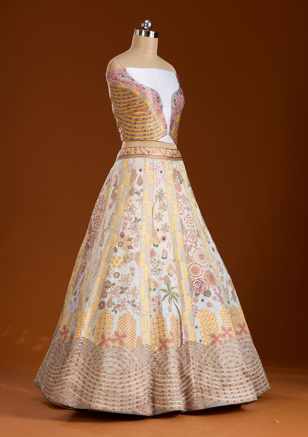 Yellow Stonework Soft Raw Silk Semi-Stitched Lehenga-koskii