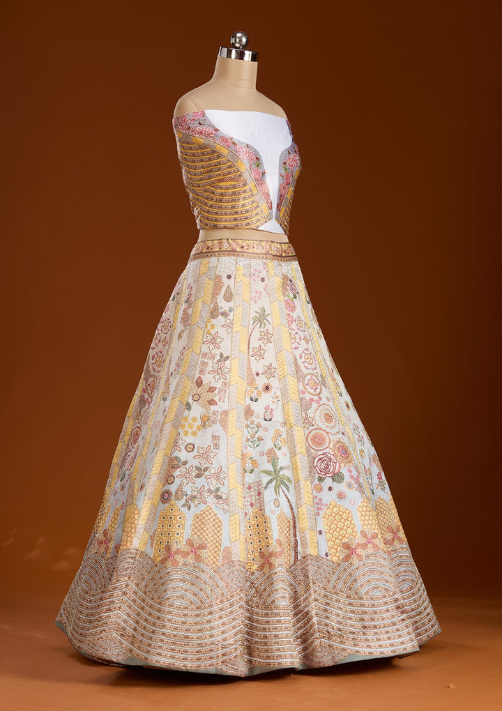 Yellow Stonework Soft Raw Silk Semi-Stitched Lehenga-koskii