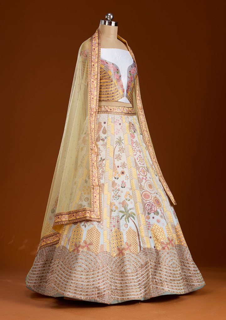 Yellow Stonework Soft Raw Silk Semi-Stitched Lehenga-koskii