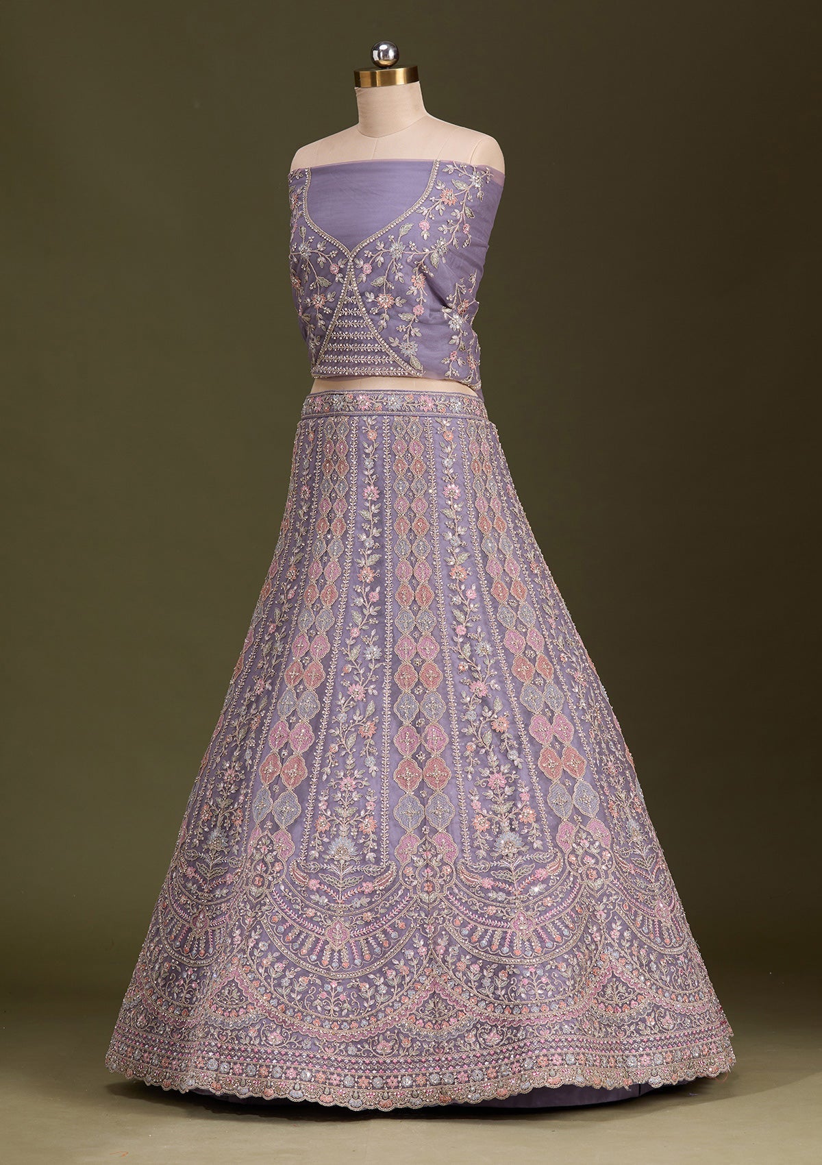 Lavender Cording Net Readymade Lehenga-Koskii
