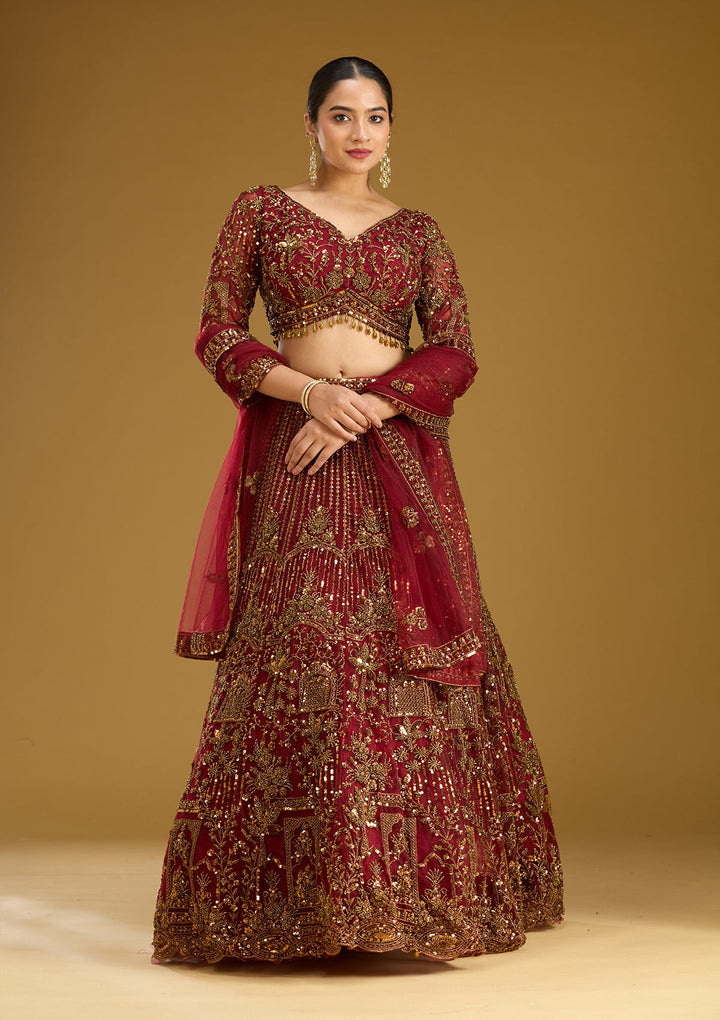Maroon Cutdana Net Readymade Lehenga