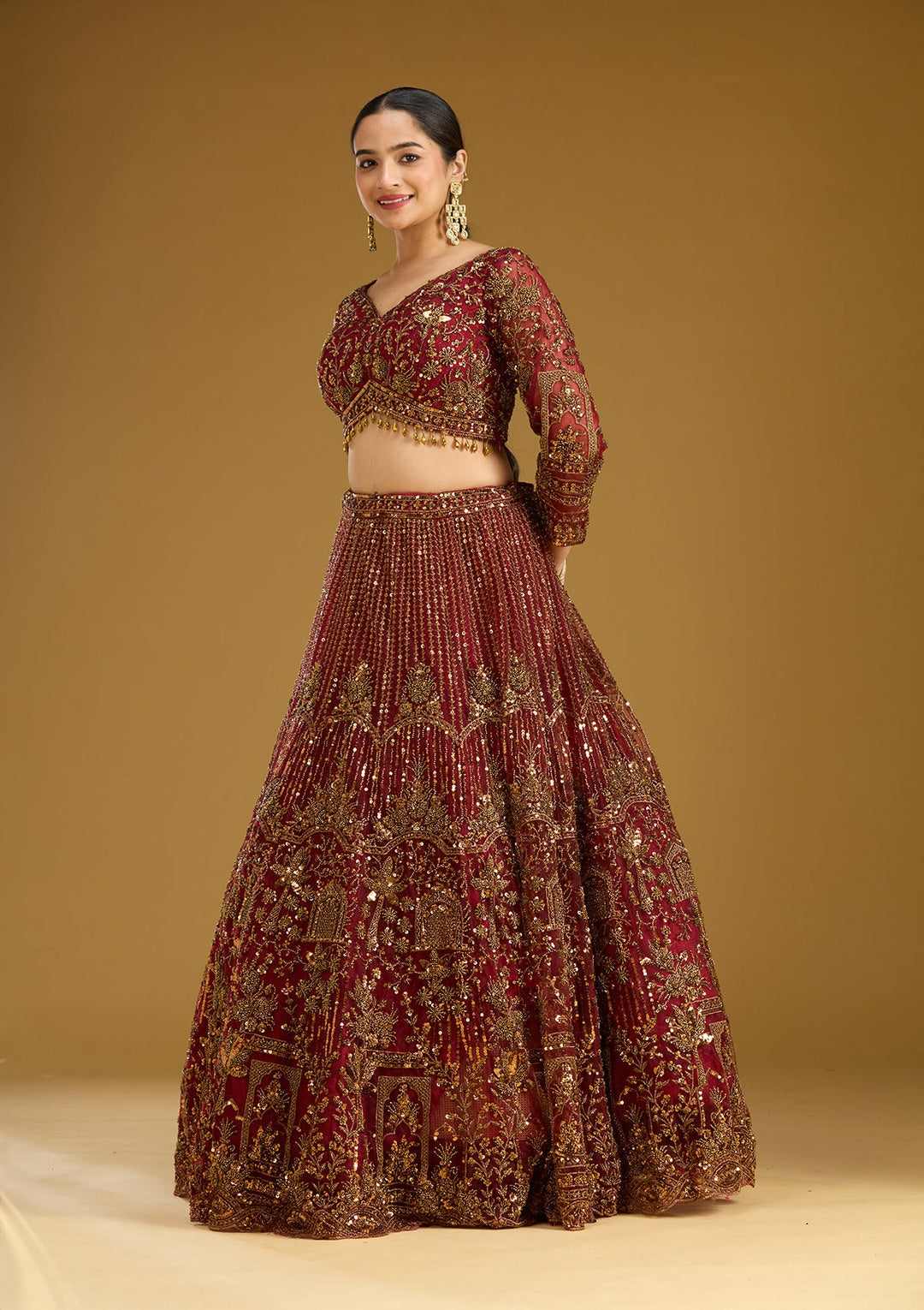 Maroon Cutdana Net Readymade Lehenga