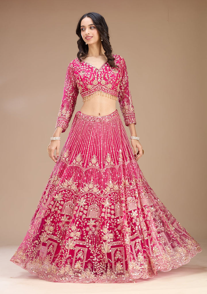 Rani Pink Cutdana Net Readymade Lehenga