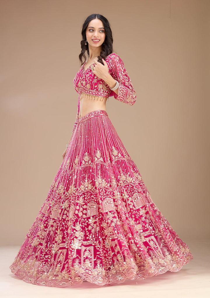 Rani Pink Cutdana Net Readymade Lehenga