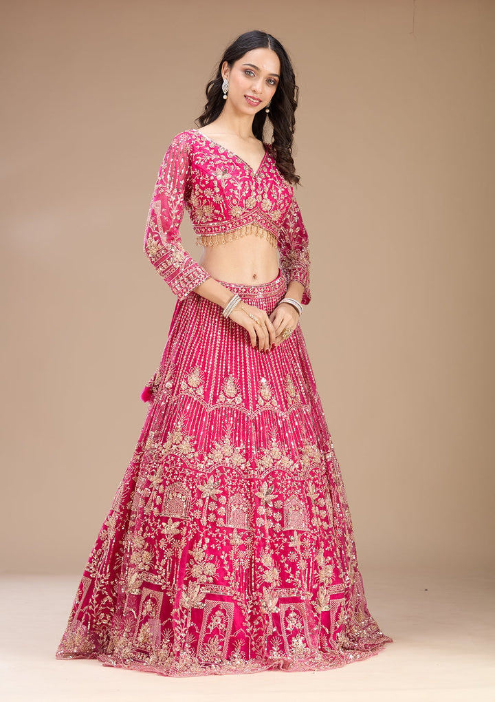 Rani Pink Cutdana Net Readymade Lehenga