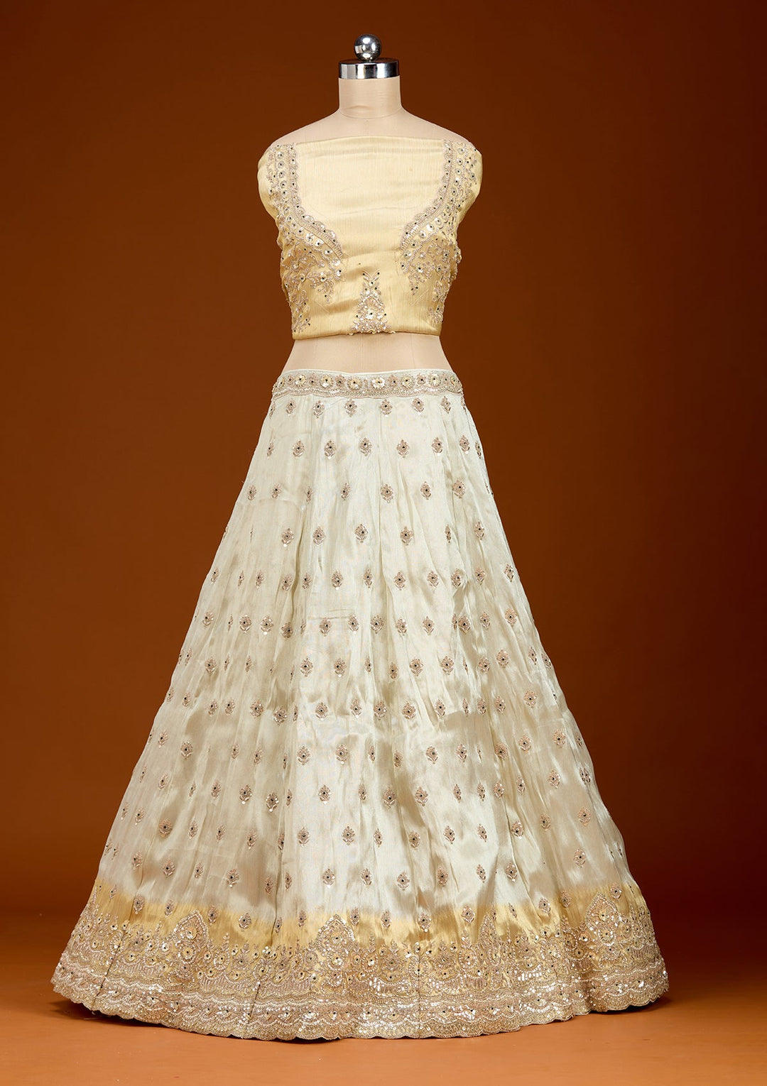 Cream Stonework (Gold) Tissue Readymade Lehenga