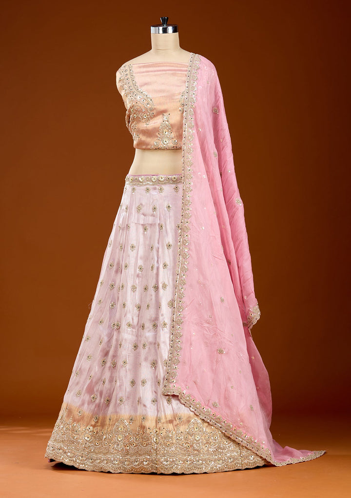 Onion Pink Stonework (Gold) Tissue Readymade Lehenga