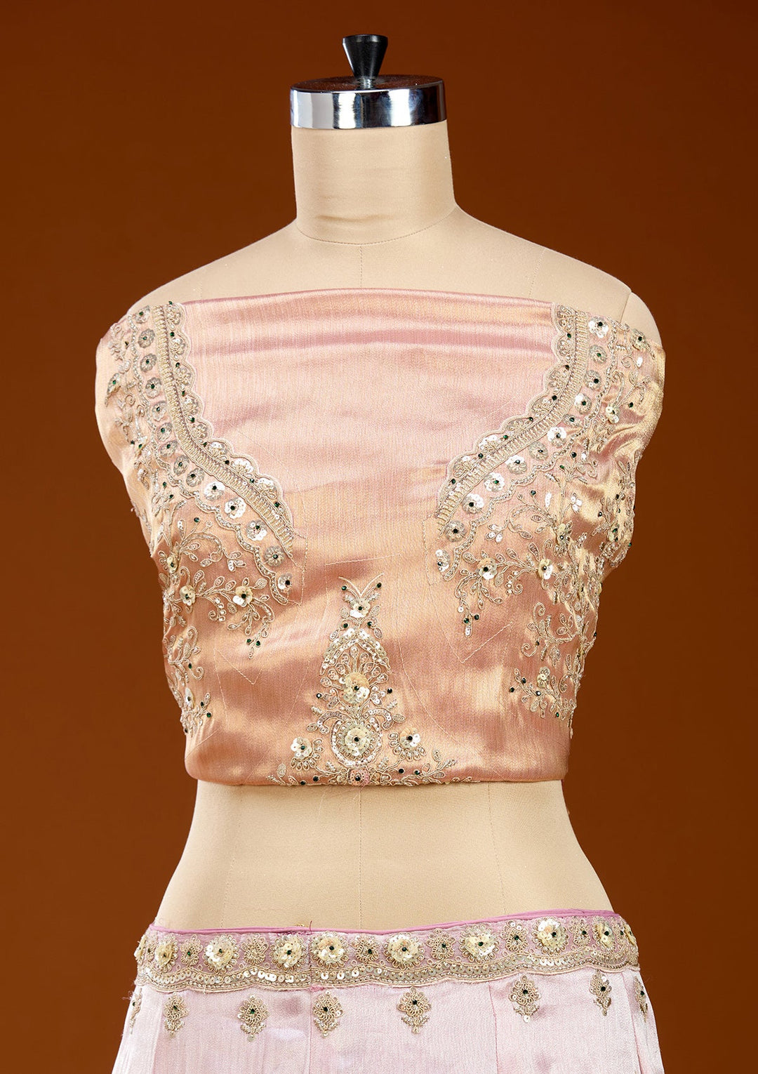 Onion Pink Stonework (Gold) Tissue Readymade Lehenga