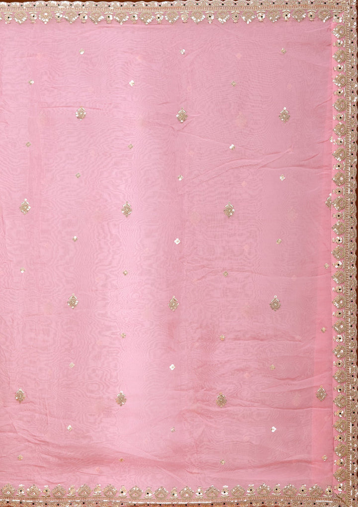 Onion Pink Stonework (Gold) Tissue Readymade Lehenga