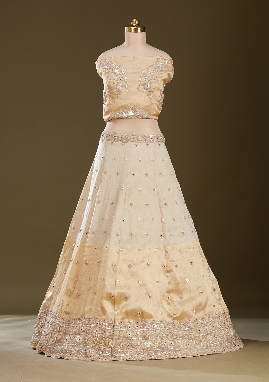 Beige Stonework (Gold) Tissue Readymade Lehenga