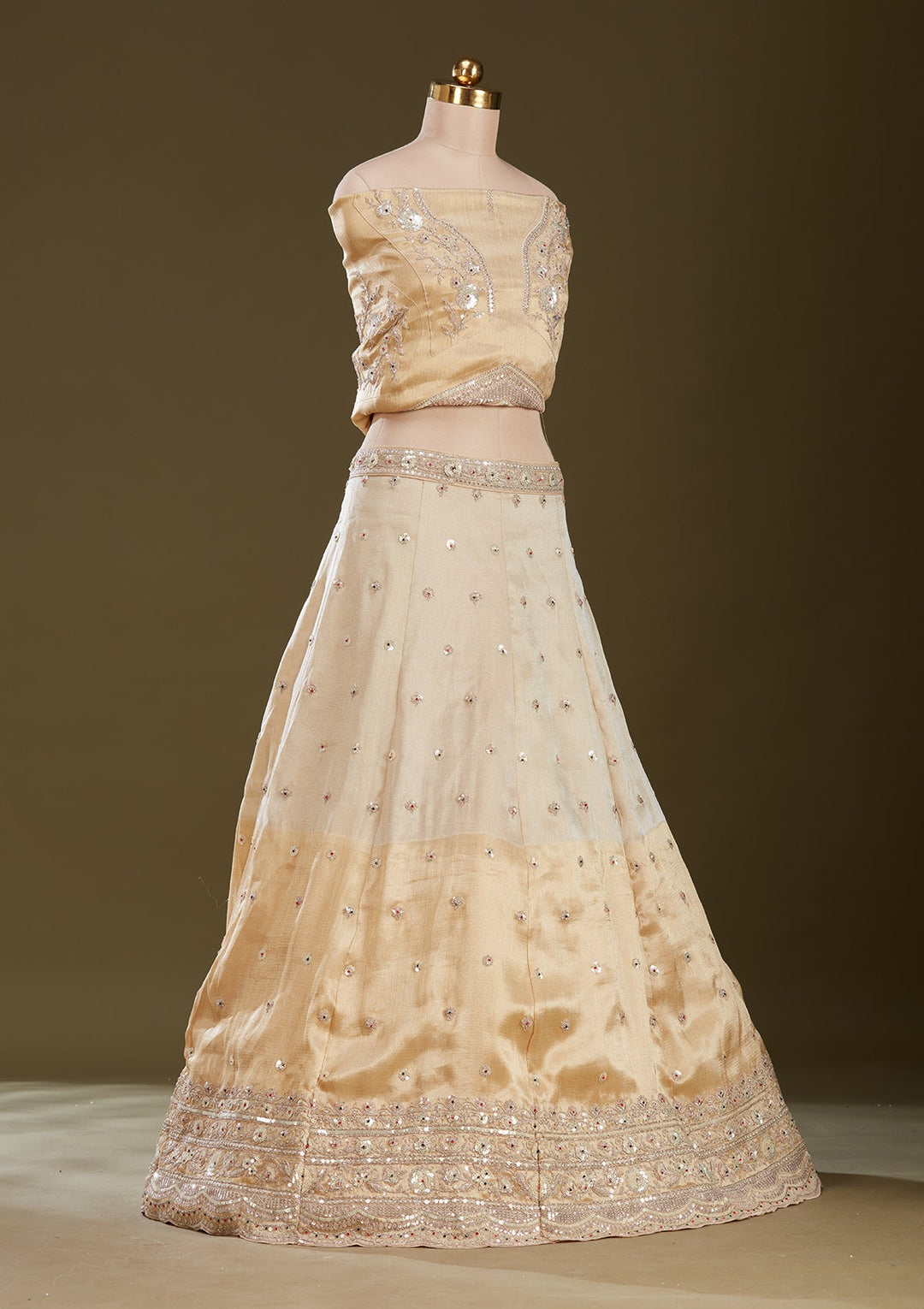 Beige Stonework (Gold) Tissue Readymade Lehenga