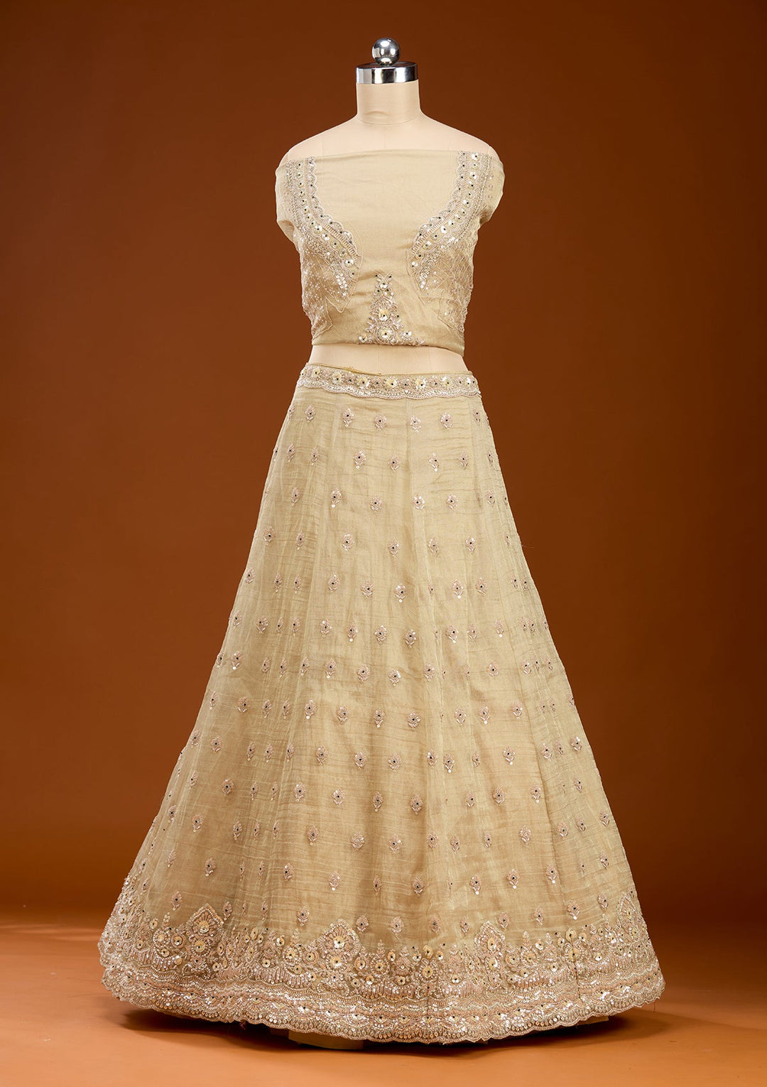 Beige Stonework (Gold) Tissue Readymade Lehenga