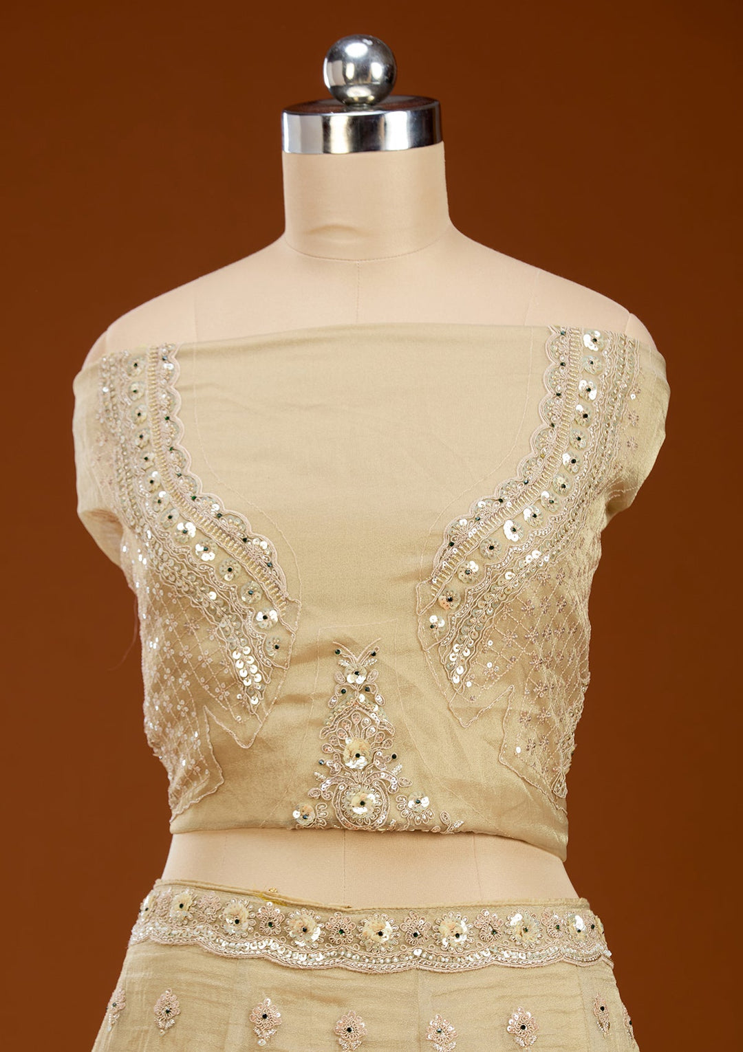 Beige Stonework (Gold) Tissue Readymade Lehenga