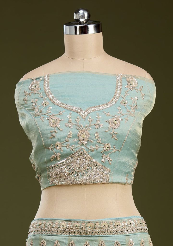 Sea Green Stonework (Gold) Tissue Readymade Lehenga
