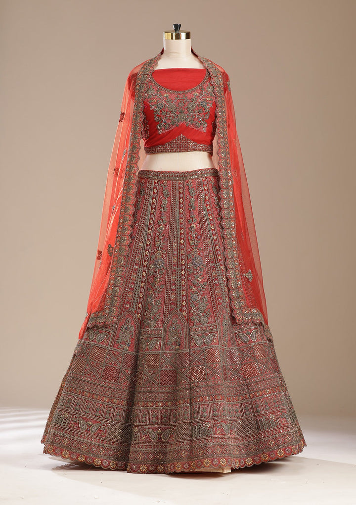 Rust Cording Net Semi-Stitched Lehenga