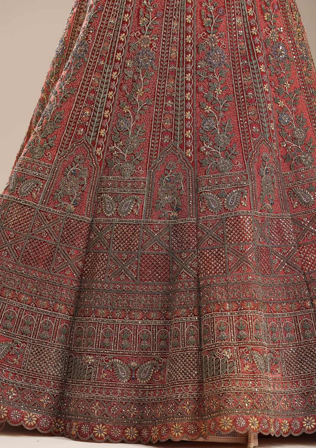 Rust Cording Net Semi-Stitched Lehenga