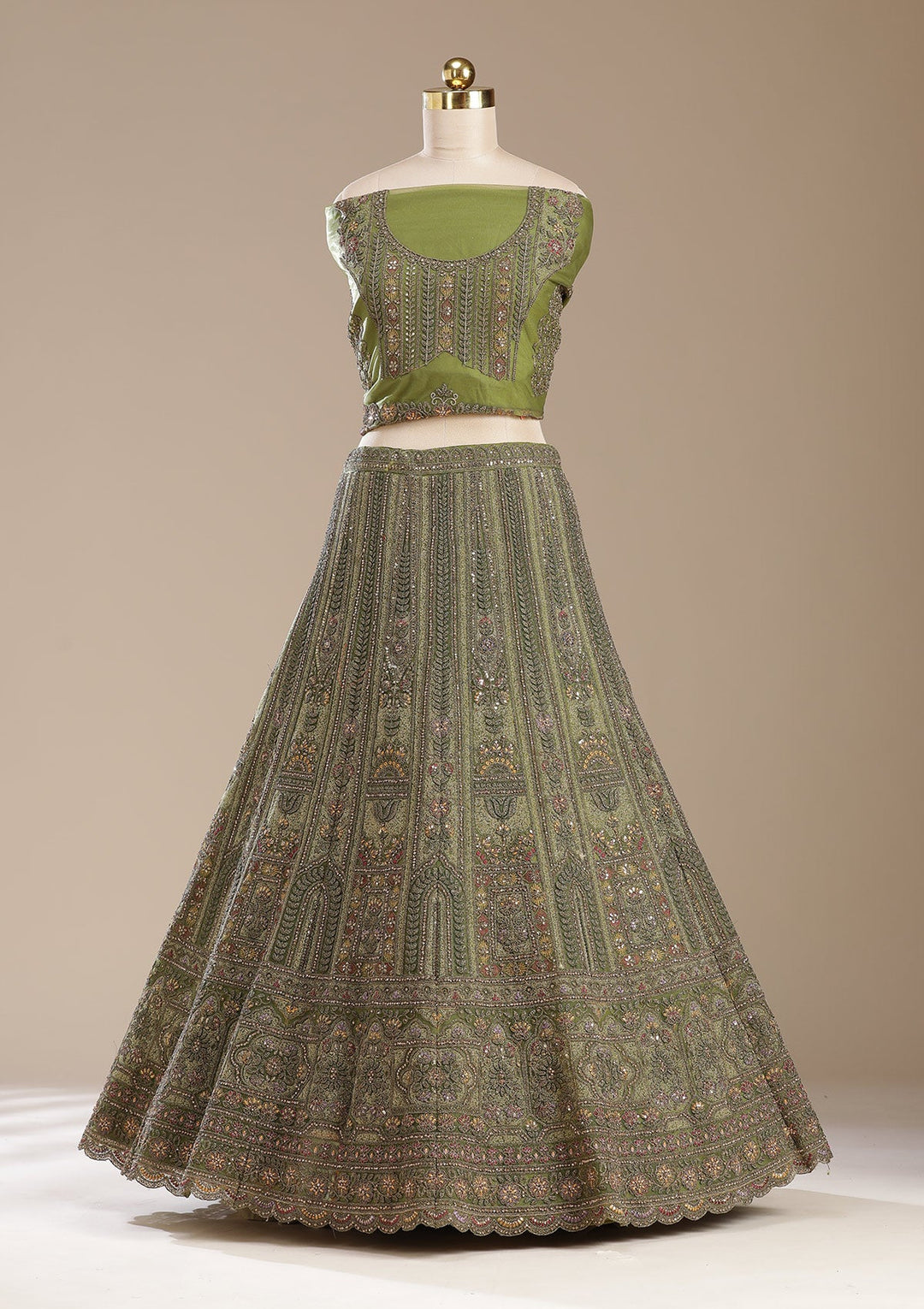 Mehendi Cording Net Semi-Stitched Lehenga