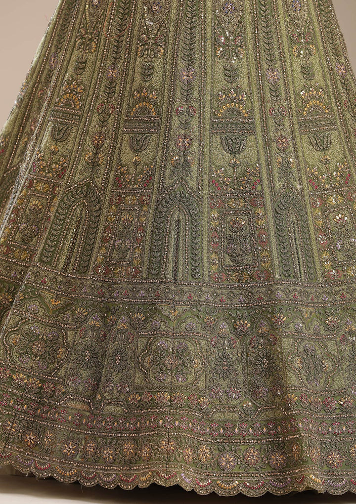 Mehendi Cording Net Semi-Stitched Lehenga