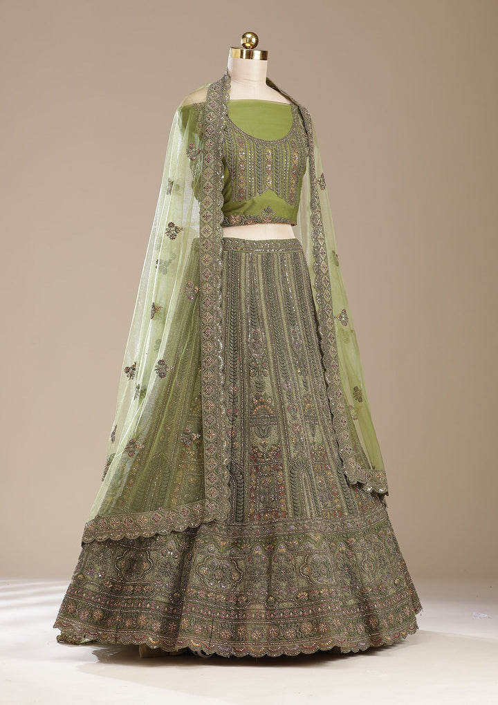 Mehendi Cording Net Semi-Stitched Lehenga