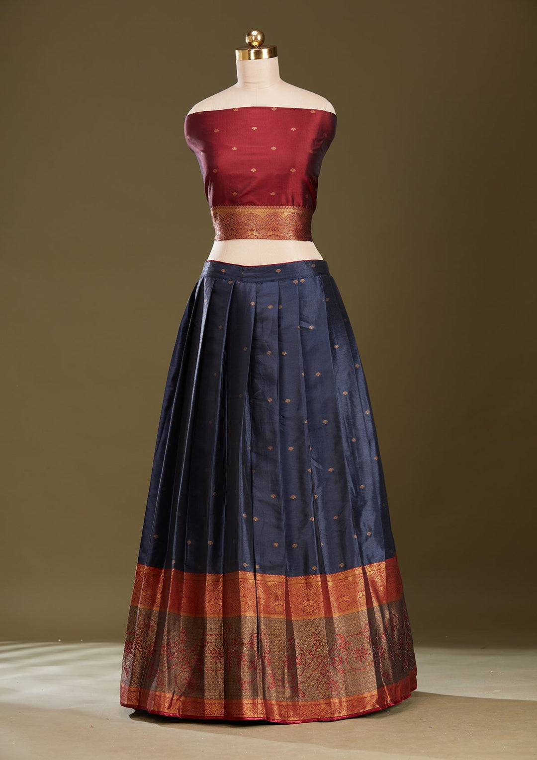 Maroon Plain Soft Raw Silk Semi-Stitched Lehenga