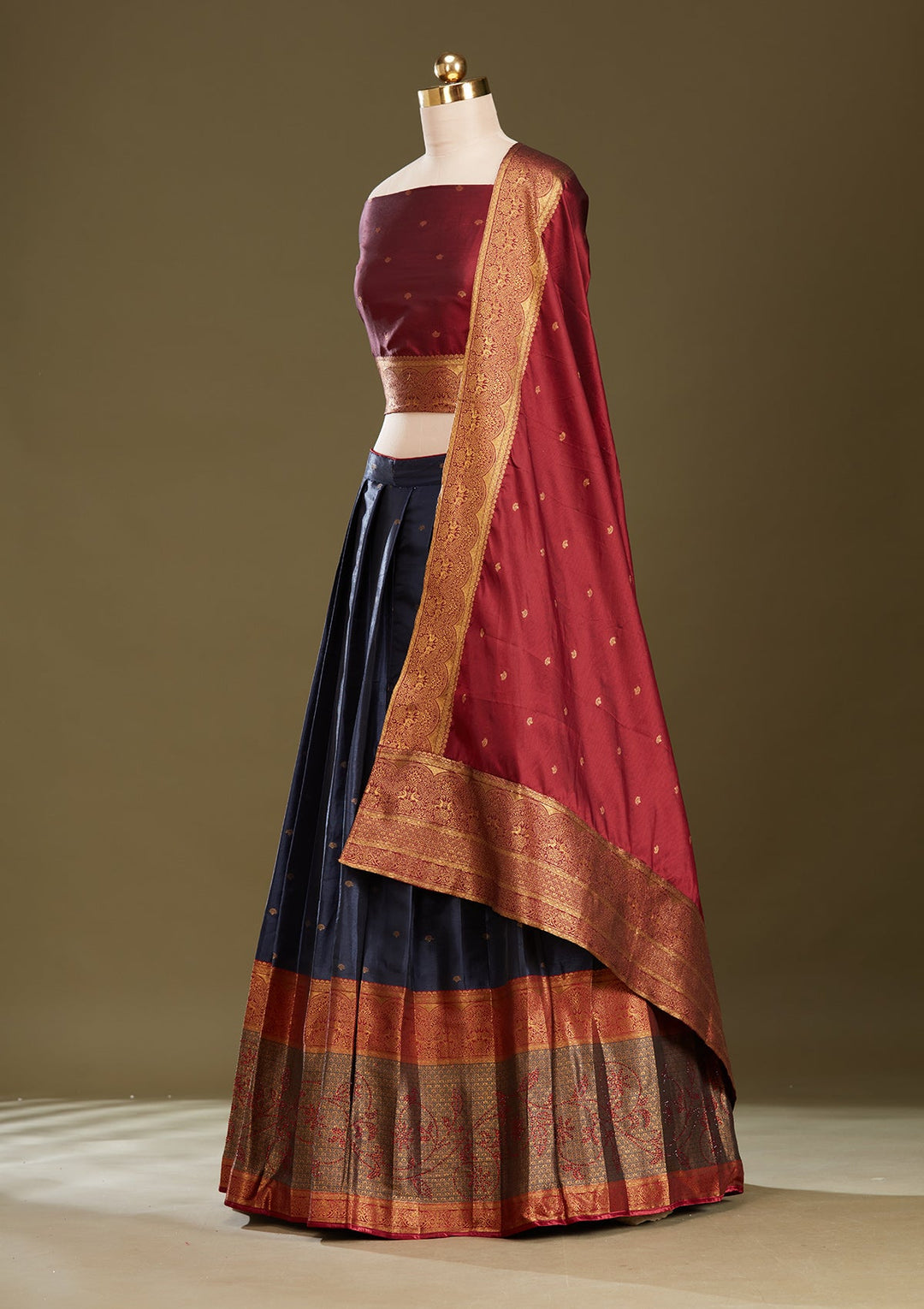 Maroon Plain Soft Raw Silk Semi-Stitched Lehenga