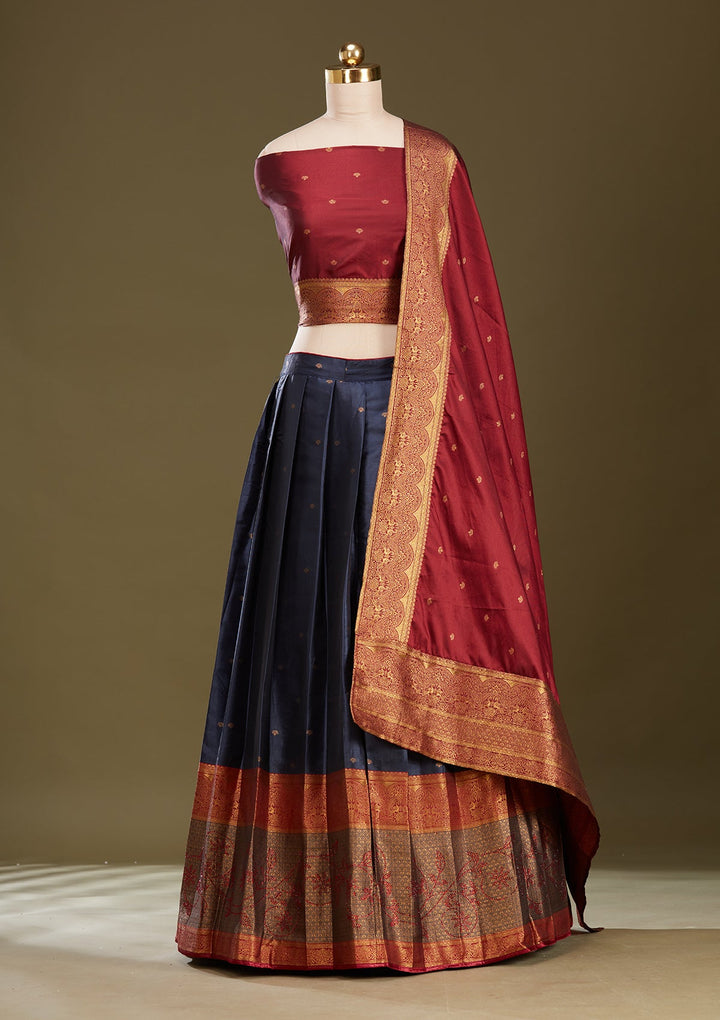 Maroon Plain Soft Raw Silk Semi-Stitched Lehenga
