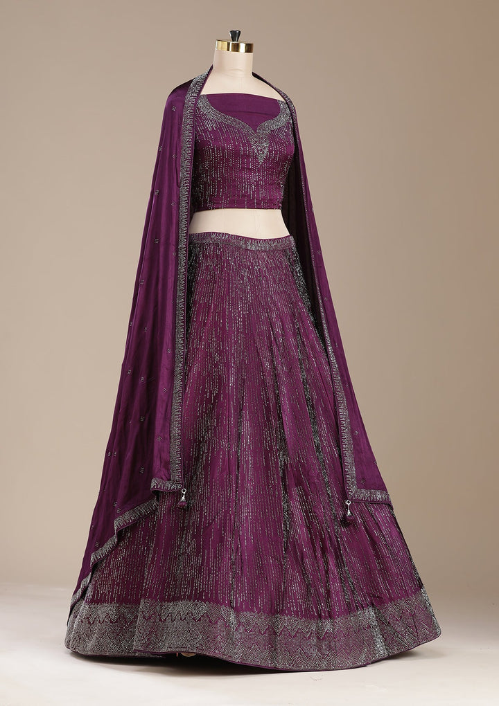 Wine Sequins Semi Crepe Semi-Stitched Lehenga