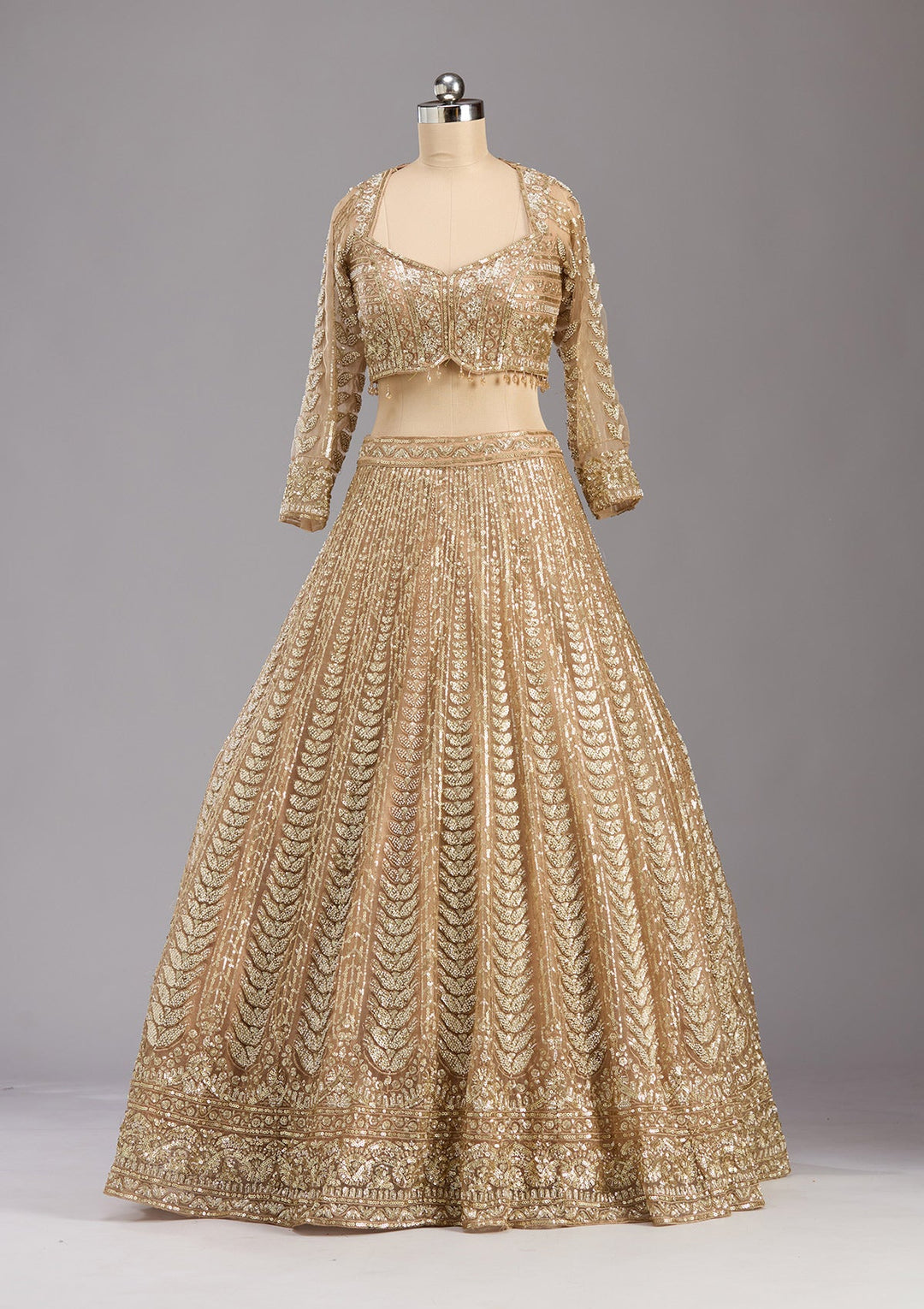 Beige Sequins Net Readymade Lehenga-koskii