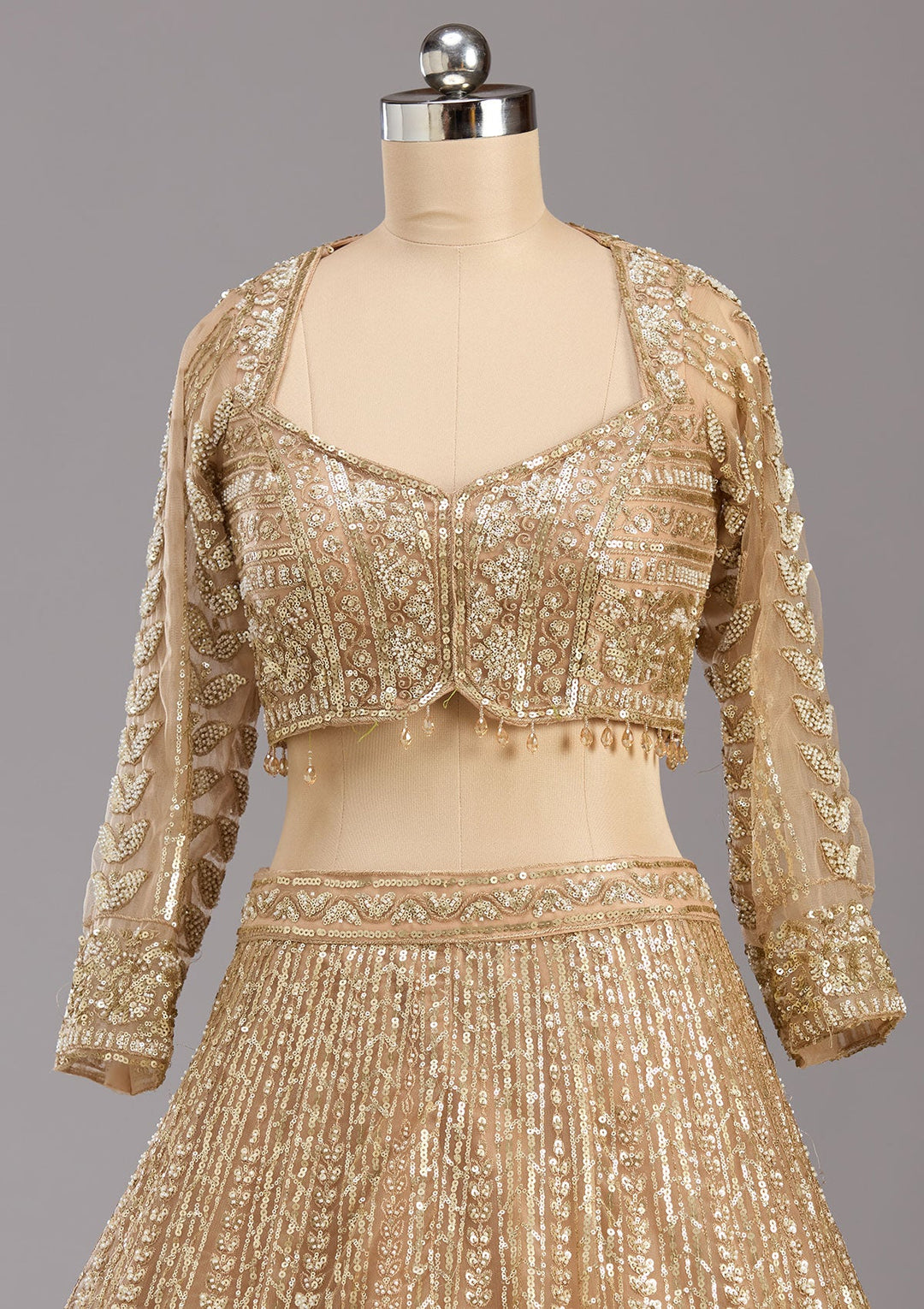Beige Sequins Net Readymade Lehenga-koskii