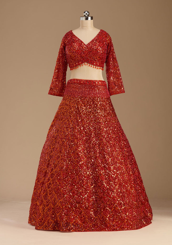 Orange Sequins Net Readymade Lehenga-koskii