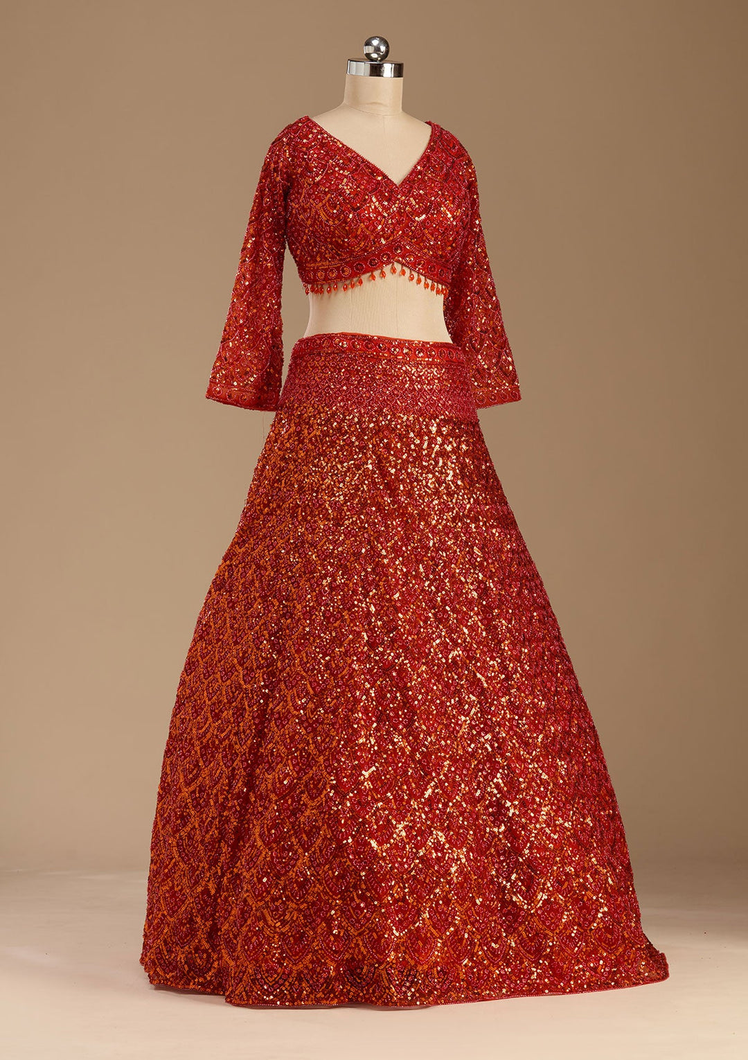 Orange Sequins Net Readymade Lehenga-koskii