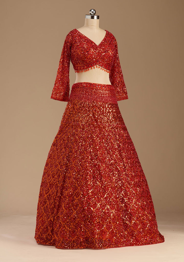 Orange Sequins Net Readymade Lehenga-koskii