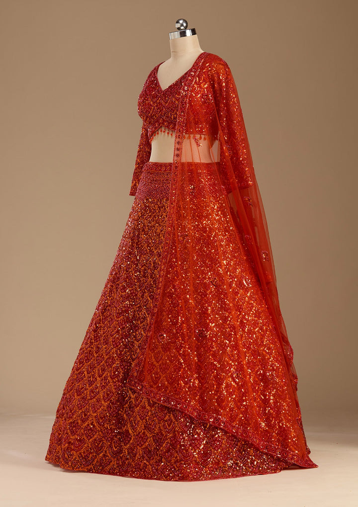 Orange Sequins Net Readymade Lehenga-koskii