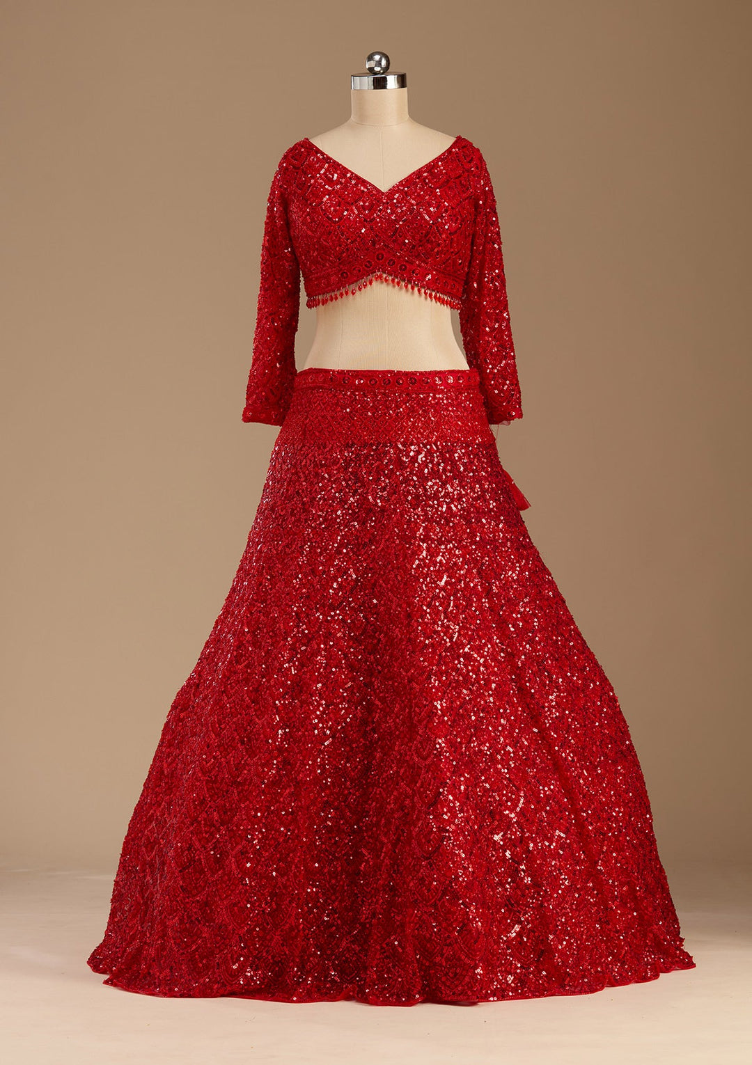 Red Sequins Net Readymade Lehenga-koskii