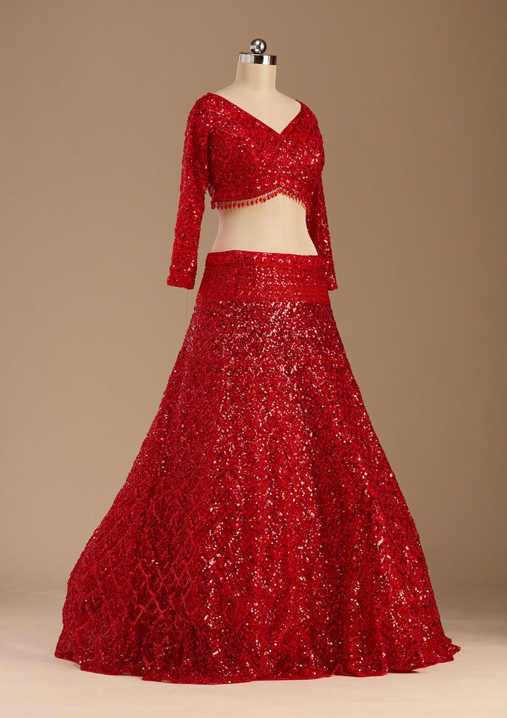 Red Sequins Net Readymade Lehenga-koskii