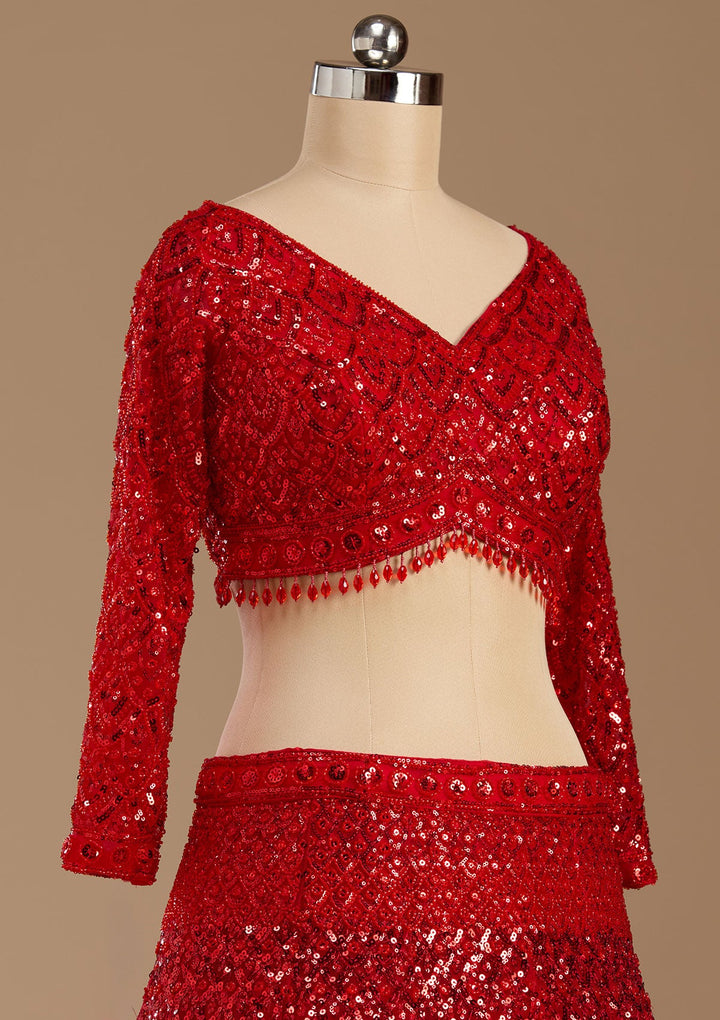 Red Sequins Net Readymade Lehenga-koskii