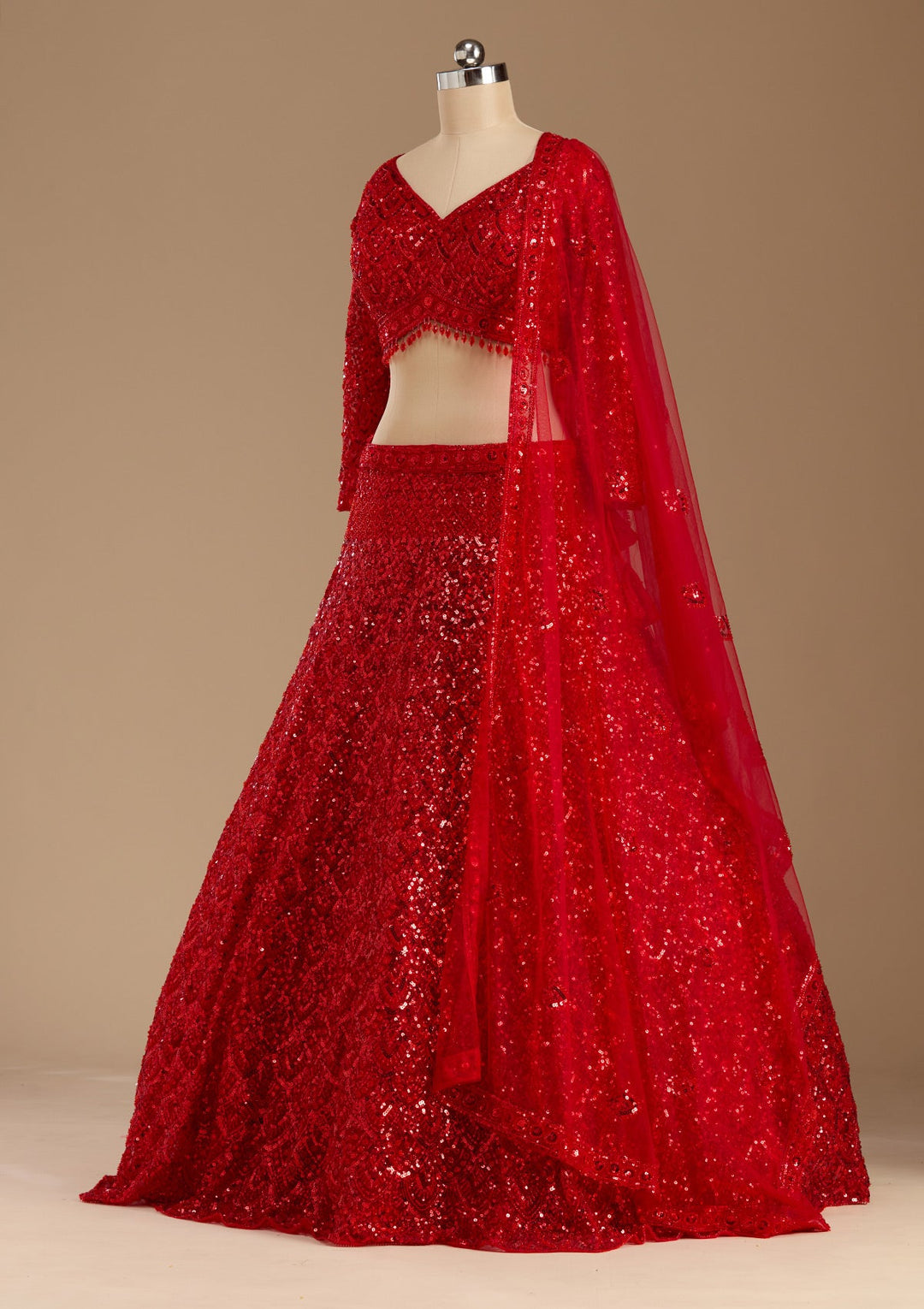 Red Sequins Net Readymade Lehenga-koskii